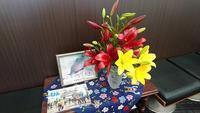 市長室前に飾られた赤や黄色の花びらの氷見市の花「ユリ」の写真