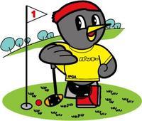 パークゴルフのグリーン上でクラブを持ってポーズを取っている鳥のイラスト