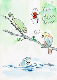 小枝の緑の芋虫がカメレオンと鳥と蜘蛛と魚から狙われて困っているイラスト