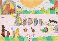大きな太陽のもとリュックを背負った親ネズミと3匹の子ねずみを眺めているキリンなどのイラスト