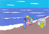 迷子案内所のある砂浜からメガホンで白波のたつ海に向かって呼びかけている人と人魚の子供と制服姿の人の3人のイラスト