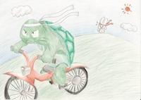 競争しているはちまきをした亀が必死に自転車をこぎ、はちまきをしたうさぎを引き離すイラスト