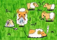 体の一部の毛が無い4頭の羊と中央に編み物をする羊が描かれたイラスト