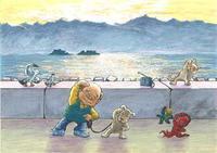 日の出頃富山湾の向こうに立山連峰が見える岸壁の前で犬を連れた男性とタコが右腕を上げているイラスト