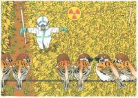 稲穂の実った田んぼに白い防護服のカカシが立ち手前の電線に止まっている6羽のスズメが顔を見合わせているイラスト