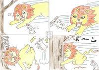 紙面を上下左右4コマに区切ってライオンがうさぎを追うが立木にぶつかってしまう漫画イラスト