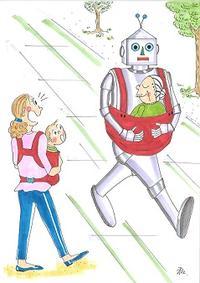 ロボットがおばあちゃんを抱えて歩いてる様子に、子供を抱えている母親が驚いているイラスト
