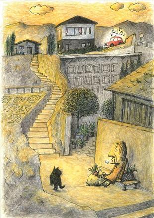 老人が長い階段の前で疲れて一休みしているのを黒い猫が見ているイラスト