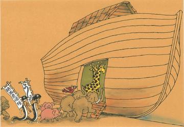 箱舟にいろいろな動物とうなぎが入り込んでいるイラスト