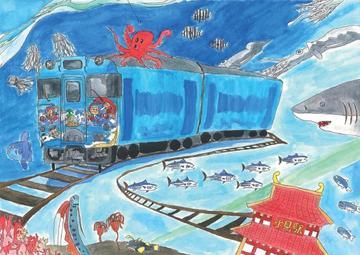 氷見の海に青い色の列車が走ってタコやクラゲなどが近くを泳いでいるイラスト