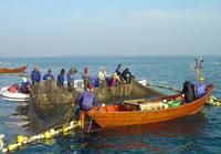 海で二艘の漁船が漁に使う網を広げている写真